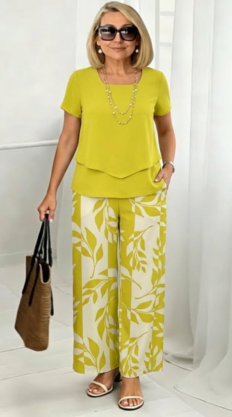 ⏳Time-Limited Special 50% OFF⏰Women's Two-Piece Leaf Print Wide-Leg Pants Set