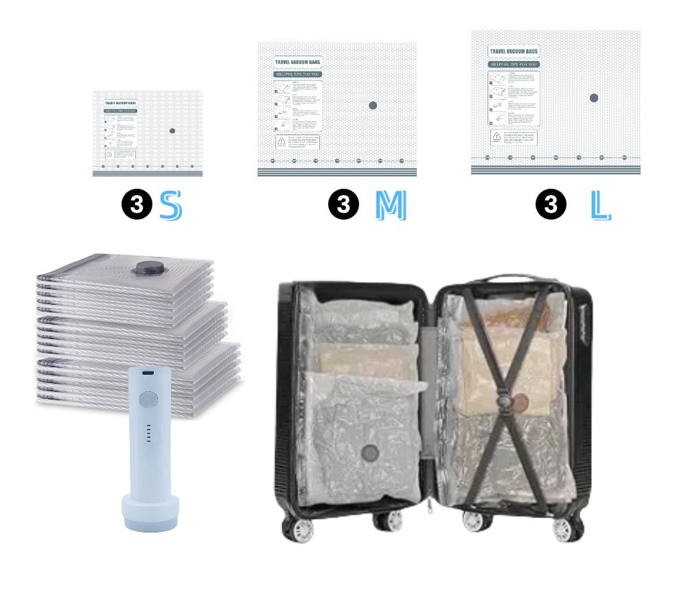 🥳💞50K+ SOLD!👵🧳  Cordless Vacuum Storage Set – 15 bags, 140L/min pump. Shrinks clothes, saves space. Waterproof & reusable. Holiday essential. 🎒⚡