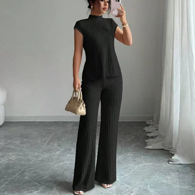 👗🌸 Elegant Mock Neck Top & Wide-Leg Pants 2-Piece Set – Ribbed Texture, Flowing Silhouette & Versatile Style ✨