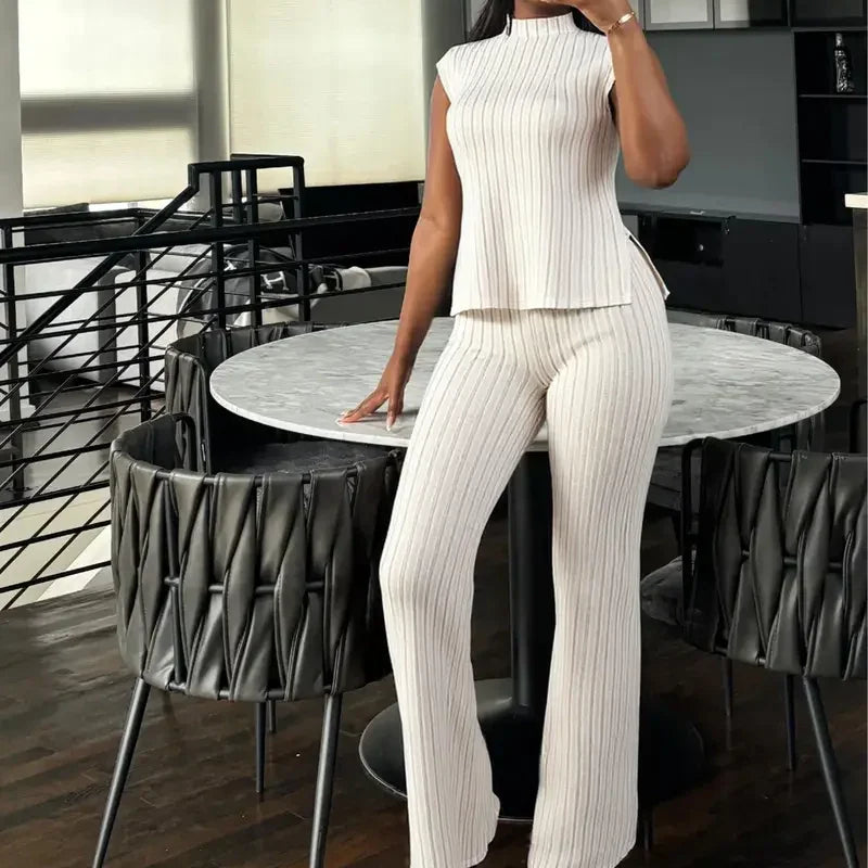 👗🌸 Elegant Mock Neck Top & Wide-Leg Pants 2-Piece Set – Ribbed Texture, Flowing Silhouette & Versatile Style ✨
