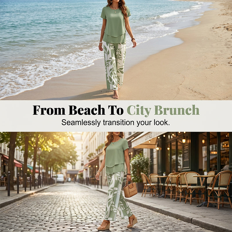 ⏳Time-Limited Special 50% OFF⏰Women's Two-Piece Leaf Print Wide-Leg Pants Set