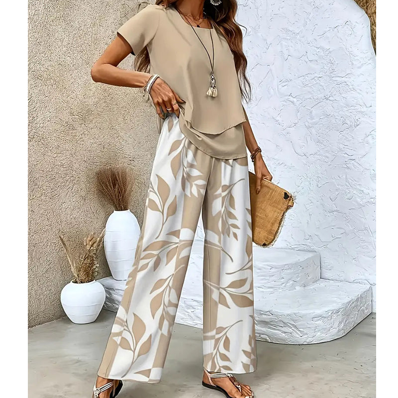 ⏳Time-Limited Special 50% OFF⏰Women's Two-Piece Leaf Print Wide-Leg Pants Set