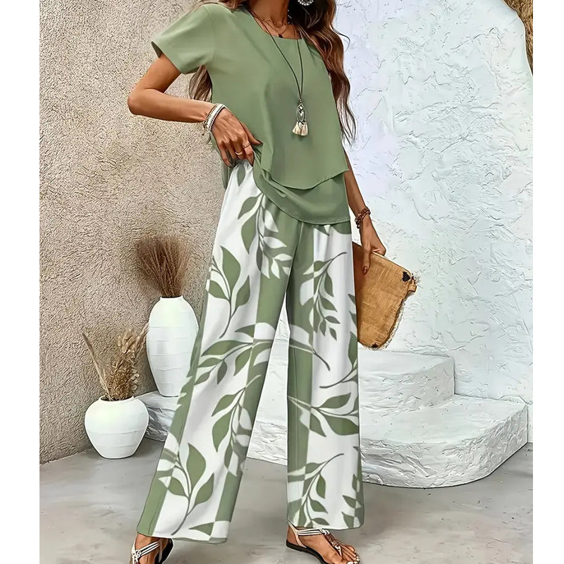 ⏳Time-Limited Special 50% OFF⏰Women's Two-Piece Leaf Print Wide-Leg Pants Set