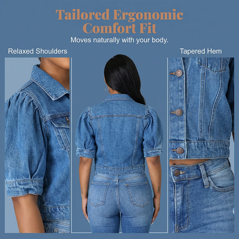 💃👖2026 New Style Arrival🔥 Women's Puff Short Sleeve Cropped Denim Jacket ✨