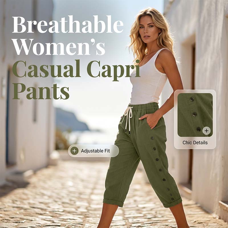 Women's Casual Capri Pants with Side Buttons