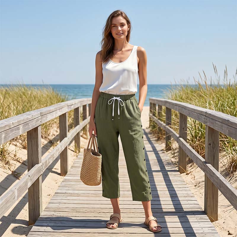 Women's Casual Capri Pants with Side Buttons