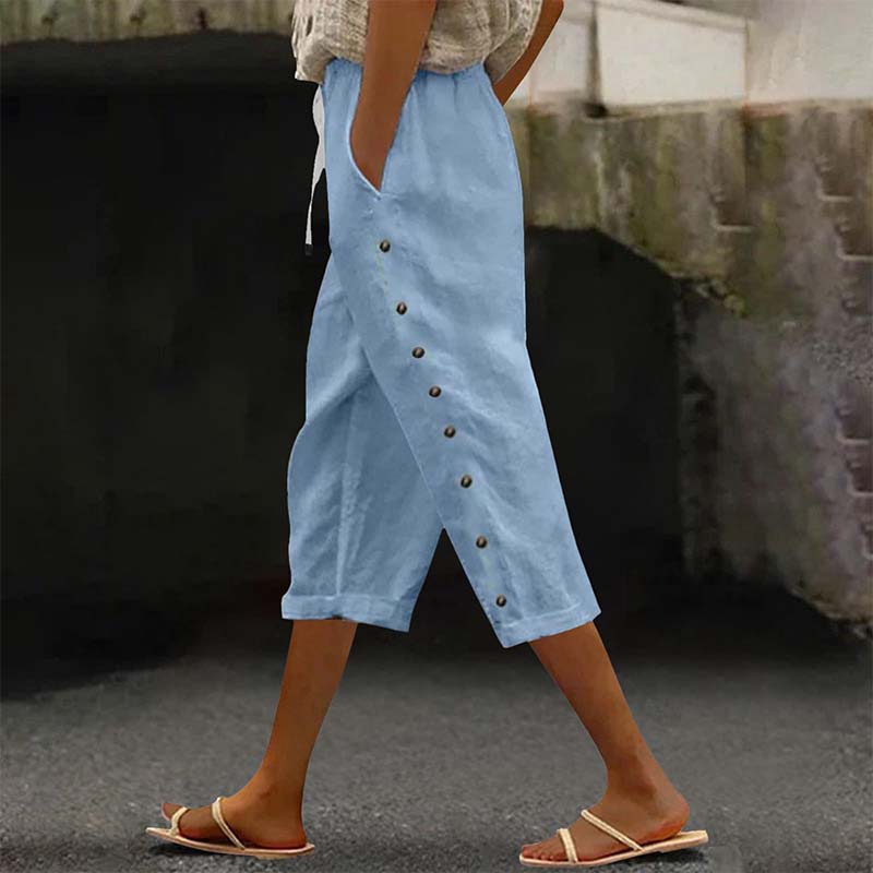 Women's Casual Capri Pants with Side Buttons