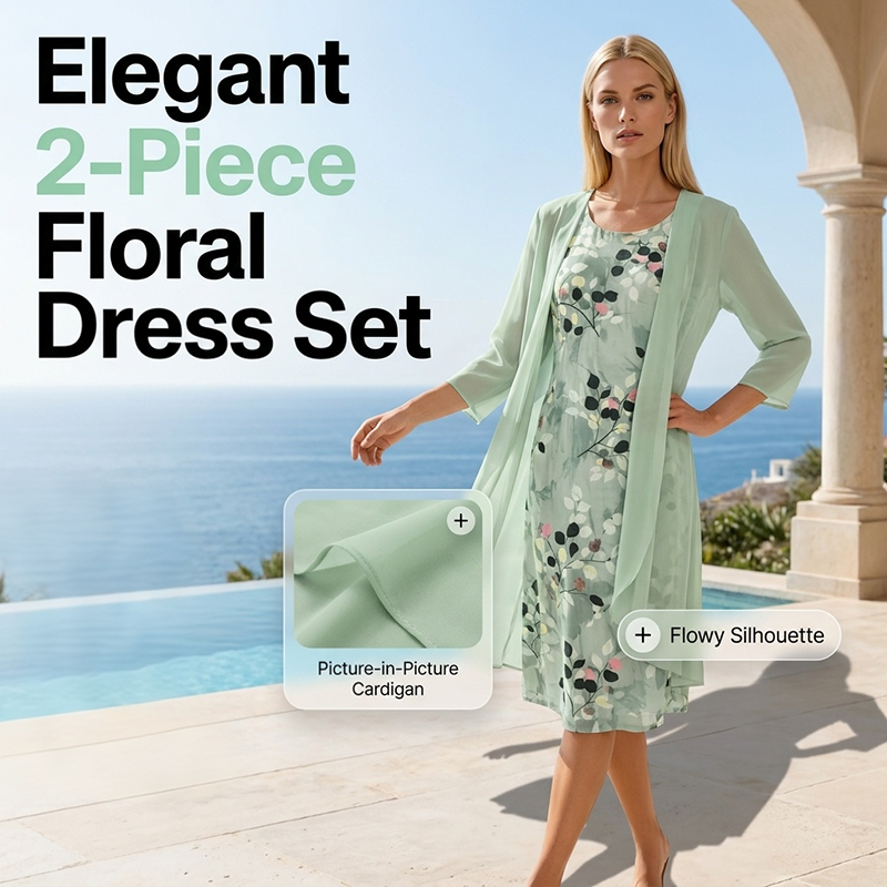 💕Elegant two-piece set featuring a chiffon dress and a cardigan for women