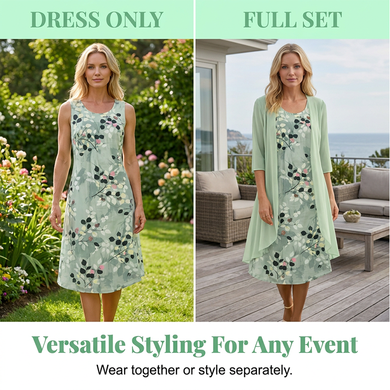 💕Elegant two-piece set featuring a chiffon dress and a cardigan for women