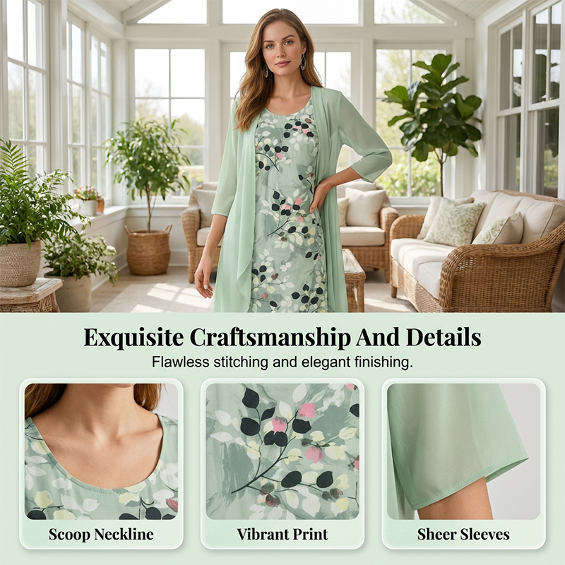 💕Elegant two-piece set featuring a chiffon dress and a cardigan for women