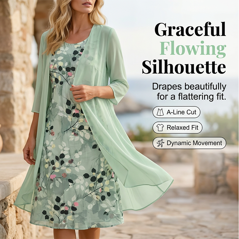 💕Elegant two-piece set featuring a chiffon dress and a cardigan for women