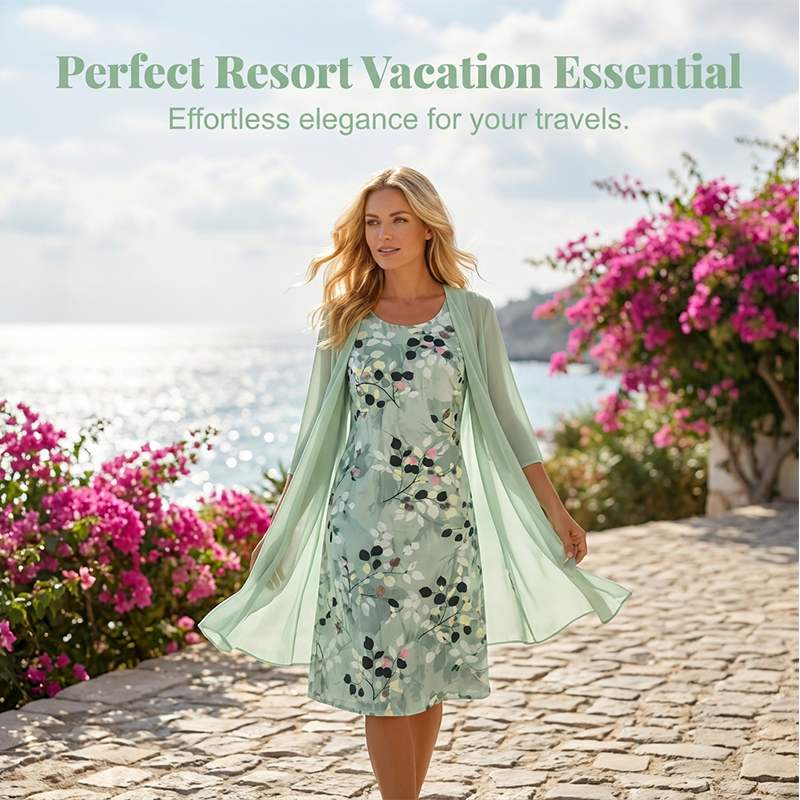 💕Elegant two-piece set featuring a chiffon dress and a cardigan for women