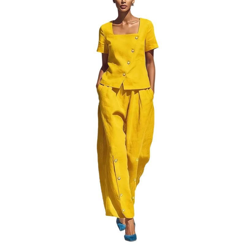 👚👖 Stylish set with an asymmetrical square neckline and wide legs
