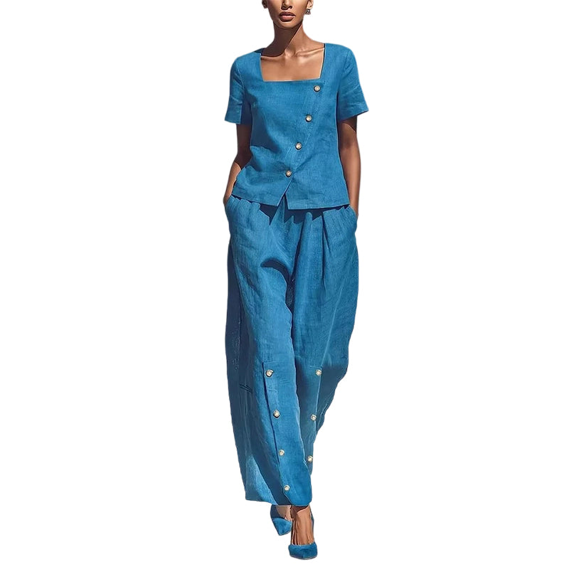 👚👖 Stylish set with an asymmetrical square neckline and wide legs