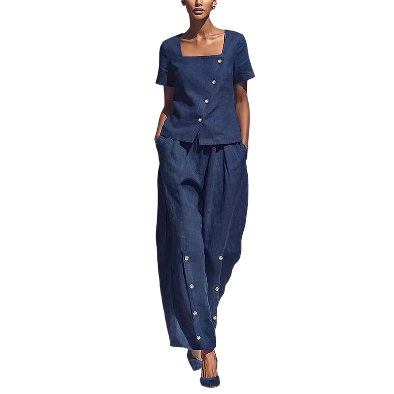 👚👖 Stylish set with an asymmetrical square neckline and wide legs