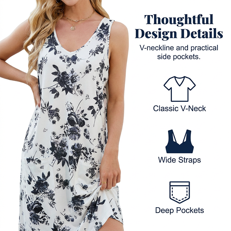 👗🌸 Floral sleeveless V-neck dress with pockets