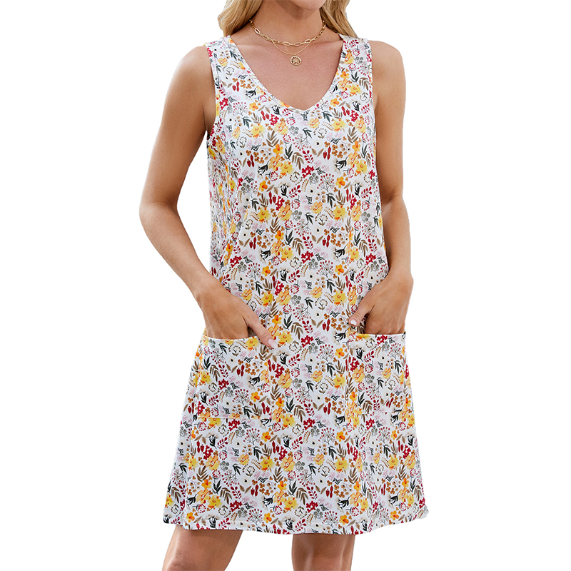 👗🌸 Floral sleeveless V-neck dress with pockets