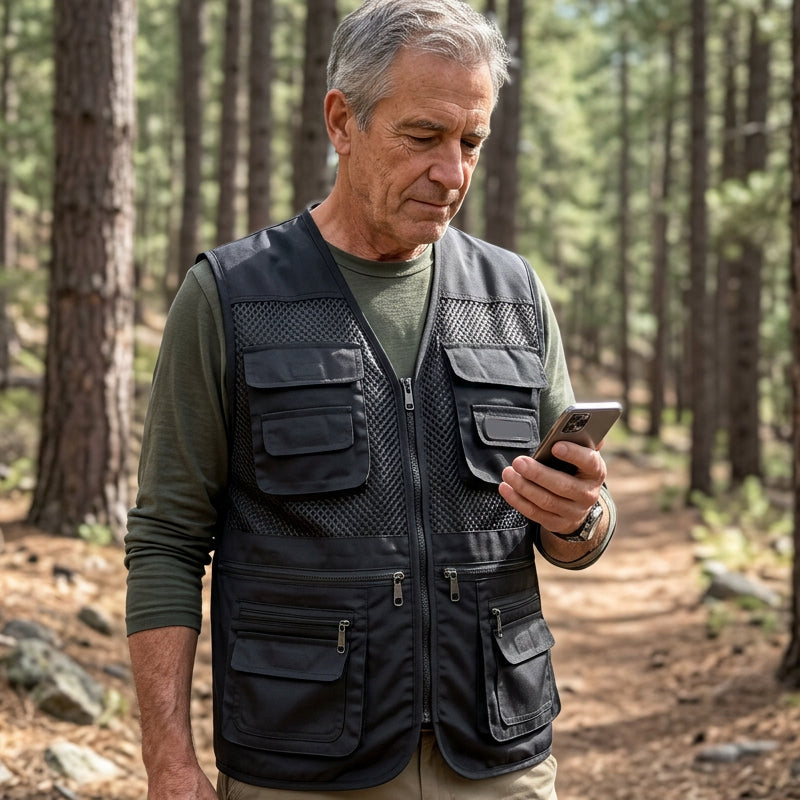 📸🎣Multifunctional men's vest with over 10 pockets – Lightweight fishing and photography vest made of ice silk | V-neck, breathable, and quick-drying