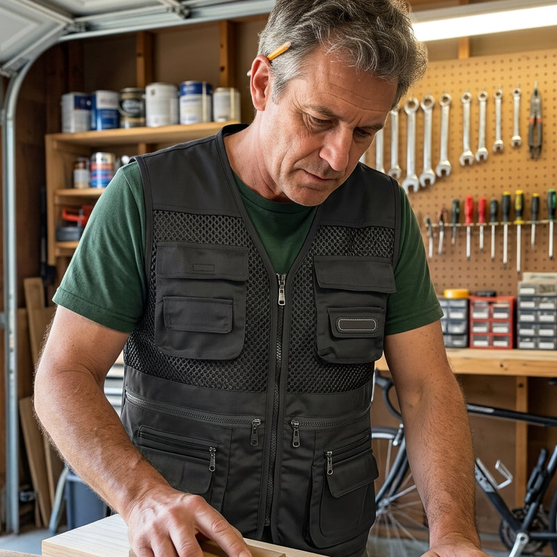 📸🎣Multifunctional men's vest with over 10 pockets – Lightweight fishing and photography vest made of ice silk | V-neck, breathable, and quick-drying