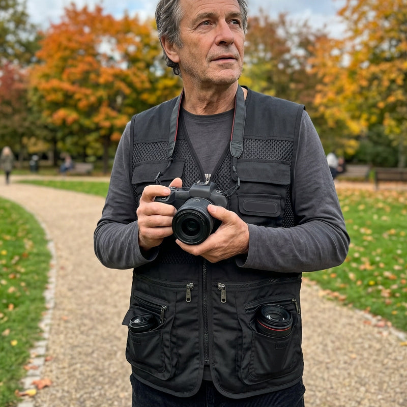 📸🎣Multifunctional men's vest with over 10 pockets – Lightweight fishing and photography vest made of ice silk | V-neck, breathable, and quick-drying