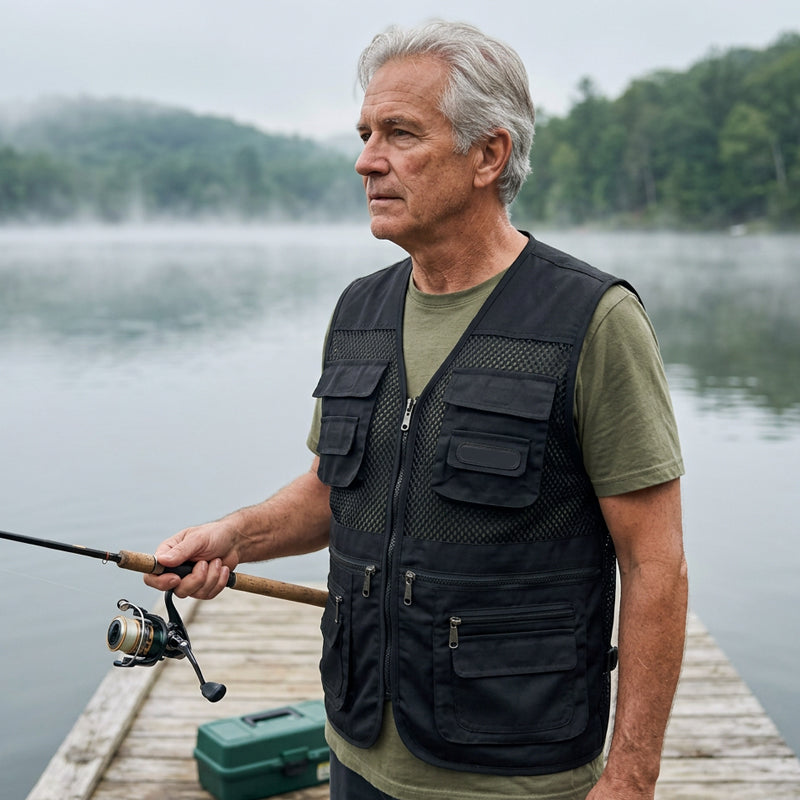 📸🎣Multifunctional men's vest with over 10 pockets – Lightweight fishing and photography vest made of ice silk | V-neck, breathable, and quick-drying