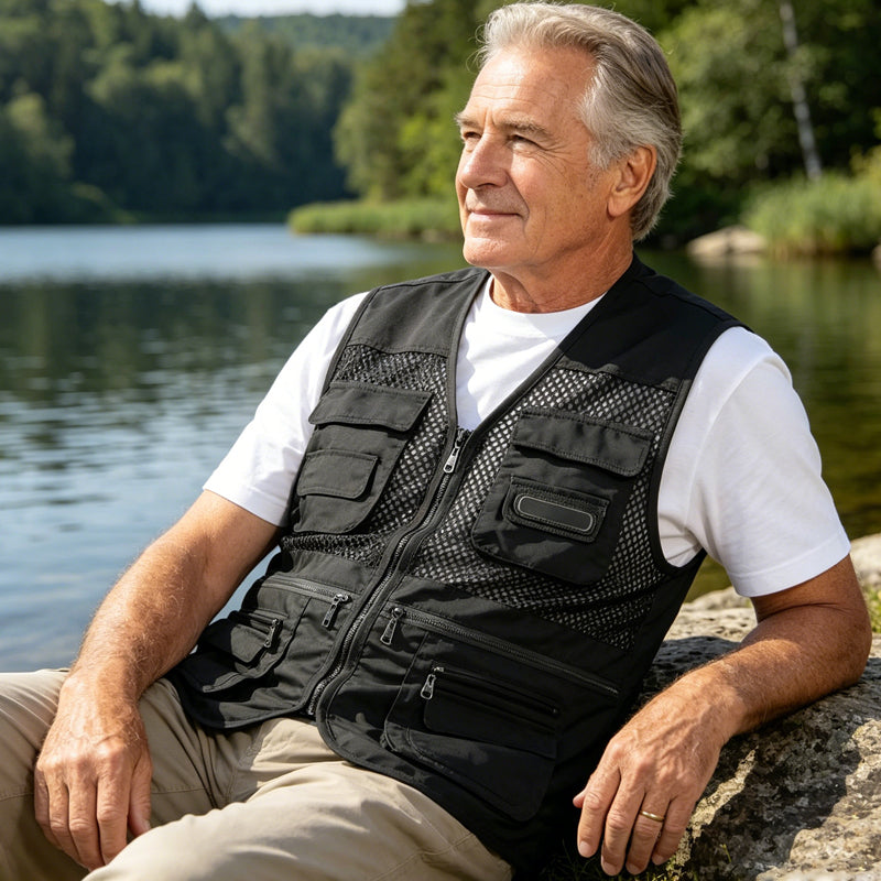 📸🎣Multifunctional men's vest with over 10 pockets – Lightweight fishing and photography vest made of ice silk | V-neck, breathable, and quick-drying