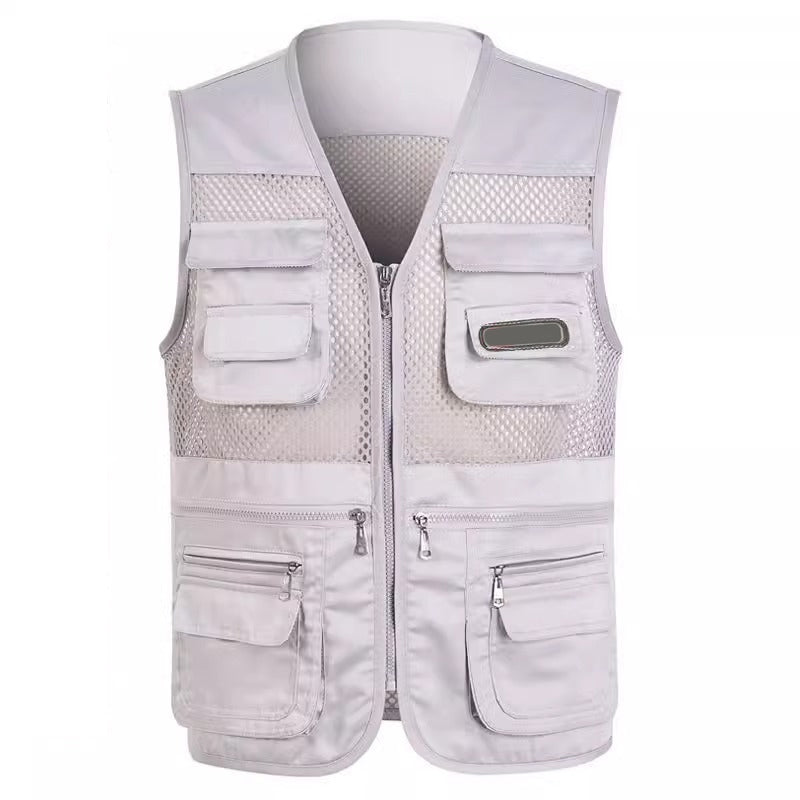 📸🎣Multifunctional men's vest with over 10 pockets – Lightweight fishing and photography vest made of ice silk | V-neck, breathable, and quick-drying