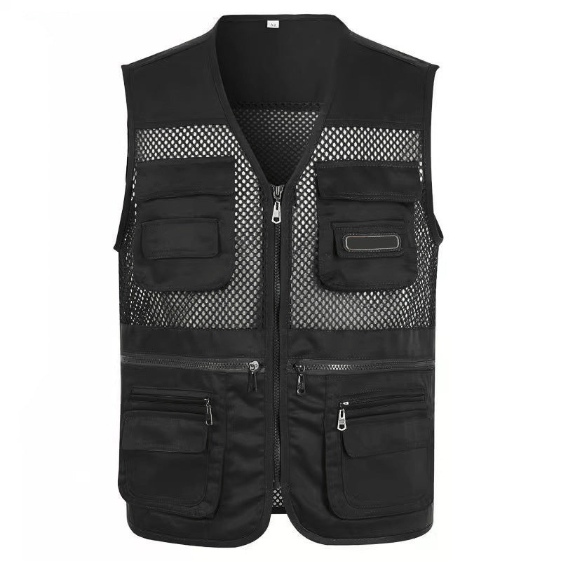 📸🎣Multifunctional men's vest with over 10 pockets – Lightweight fishing and photography vest made of ice silk | V-neck, breathable, and quick-drying