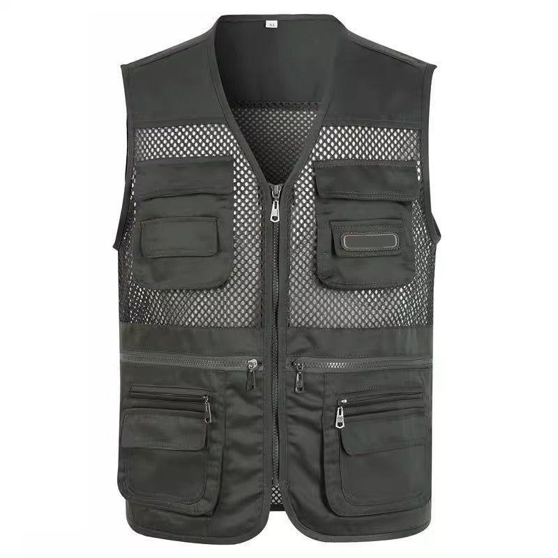 📸🎣Multifunctional men's vest with over 10 pockets – Lightweight fishing and photography vest made of ice silk | V-neck, breathable, and quick-drying