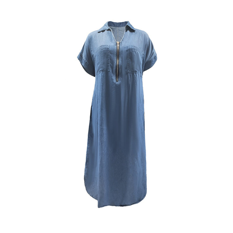 👗👖 Denim maxi dress with V-neck and zipper